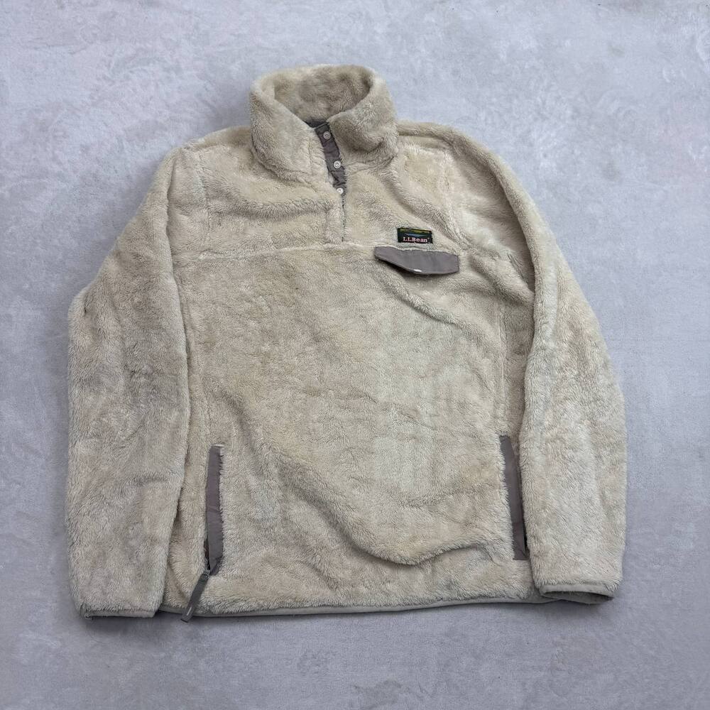 L.L. Bean Hi-Pile Fleece Women's Pullover Cream Size M Snap Mock Neck Sherpa
